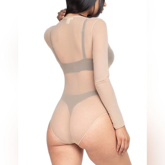 Women's Sheer Mesh Bodysuit Round Neck Long Sleeve Stretch Top - Picture 2 of 8